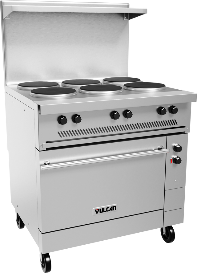 A commercial stainless steel Vulcan restaurant range with six round French hotplates, four control knobs, an oven below with a handle, a vented backsplash, and wheels for mobility. The Vulcan brand name is visible on the oven door.