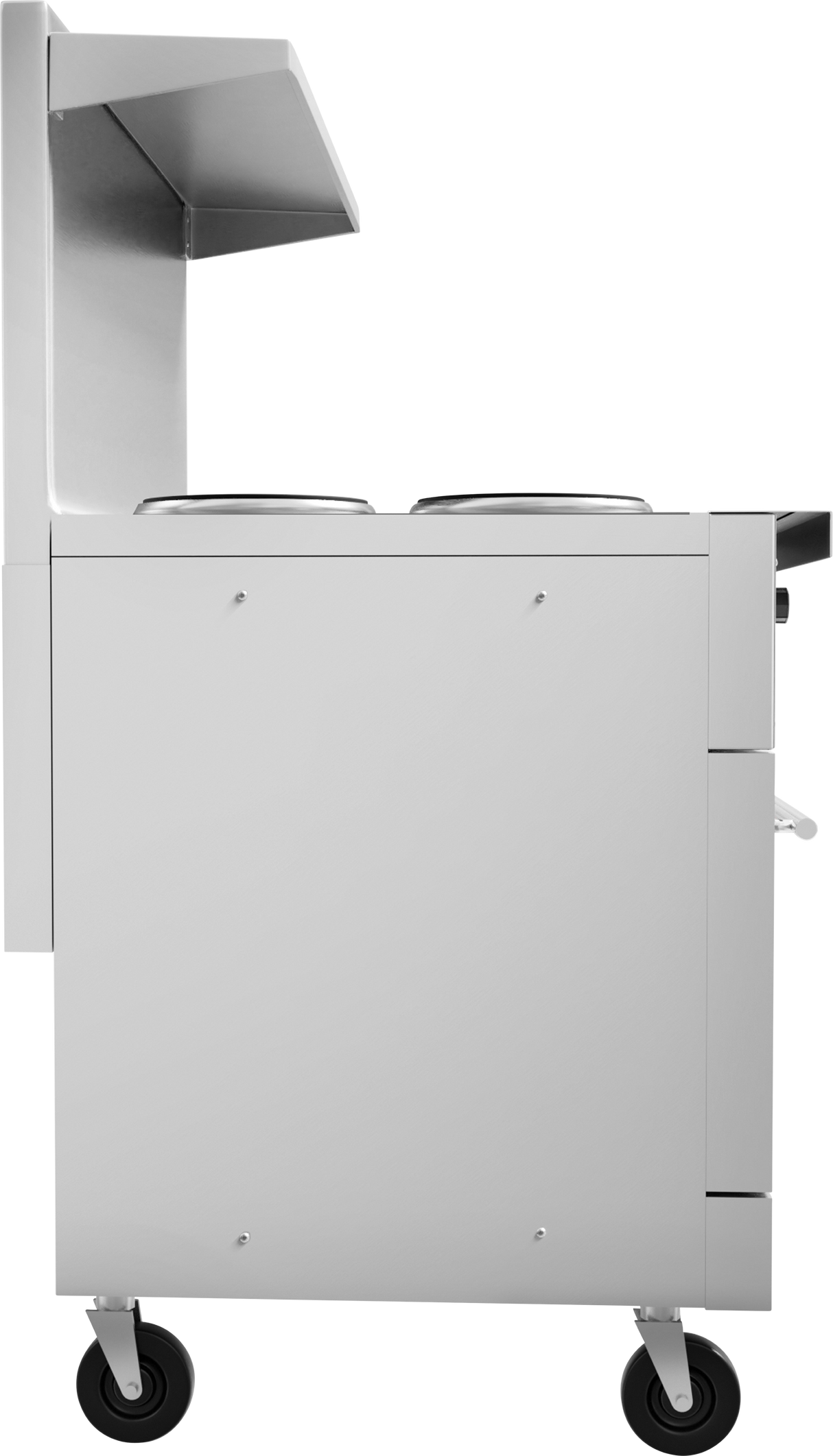 Side view of a sleek, modern stainless steel food cart featuring two large covered pots atop French hotplates, a small shelf, and four black caster wheels. The minimalistic design boasts smooth surfaces and clean lines.