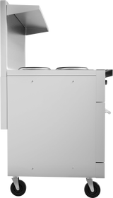 Side view of a sleek, modern stainless steel food cart featuring two large covered pots atop French hotplates, a small shelf, and four black caster wheels. The minimalistic design boasts smooth surfaces and clean lines.