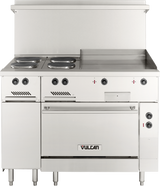A commercial stainless steel restaurant range with two electric burners, an electric griddle, control knobs, oven door, and backsplash. The Vulcan logo is displayed on the front. This unit stands on four sturdy legs.