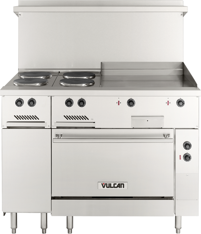 A commercial stainless steel restaurant range with two electric burners, an electric griddle, control knobs, oven door, and backsplash. The Vulcan logo is displayed on the front. This unit stands on four sturdy legs.