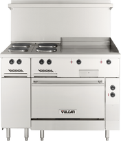 A stainless steel restaurant range with two electric burners, a spacious 48" griddle, multiple control knobs, and a front-facing oven door labeled “Vulcan.” The back features an elevated protective backsplash, and the unit stands on short legs.