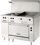 A commercial 48 inch stainless steel restaurant range with three burners, a griddle, control knobs, an oven below, a backsplash, a shelf above, and four sturdy legs. The Vulcan brand is visible on the oven door.