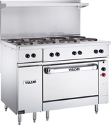 A commercial stainless steel Electric restaurant range with six burners or French hotplates on top, control knobs along the front, a standard oven below labeled Vulcan, an overhead backsplash, and sturdy metal legs for reliable kitchen use.