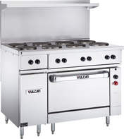 A commercial stainless steel Electric restaurant range with six burners or French hotplates on top, control knobs along the front, a standard oven below labeled Vulcan, an overhead backsplash, and sturdy metal legs for reliable kitchen use.