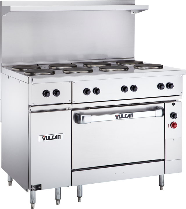 A commercial stainless steel Electric restaurant range with six burners or French hotplates on top, control knobs along the front, a standard oven below labeled Vulcan, an overhead backsplash, and sturdy metal legs for reliable kitchen use.