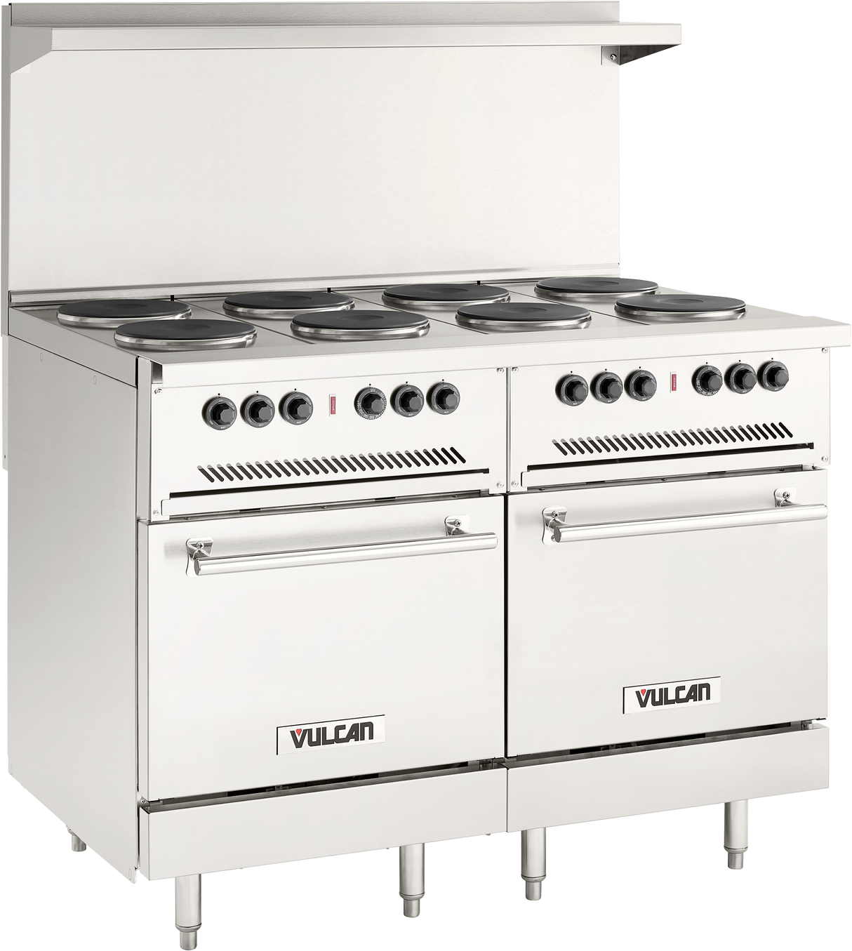 A commercial stainless steel electric restaurant range featuring six French hotplates, standard ovens with two doors below, control knobs above each oven, a raised backsplash, and Vulcan branding on the front panels. Adjustable legs provide stability.