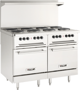 A commercial stainless steel electric restaurant range featuring six French hotplates, standard ovens with two doors below, control knobs above each oven, a raised backsplash, and Vulcan branding on the front panels. Adjustable legs provide stability.