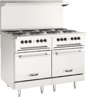 A commercial stainless steel electric restaurant range featuring six French hotplates, standard ovens with two doors below, control knobs above each oven, a raised backsplash, and Vulcan branding on the front panels. Adjustable legs provide stability.