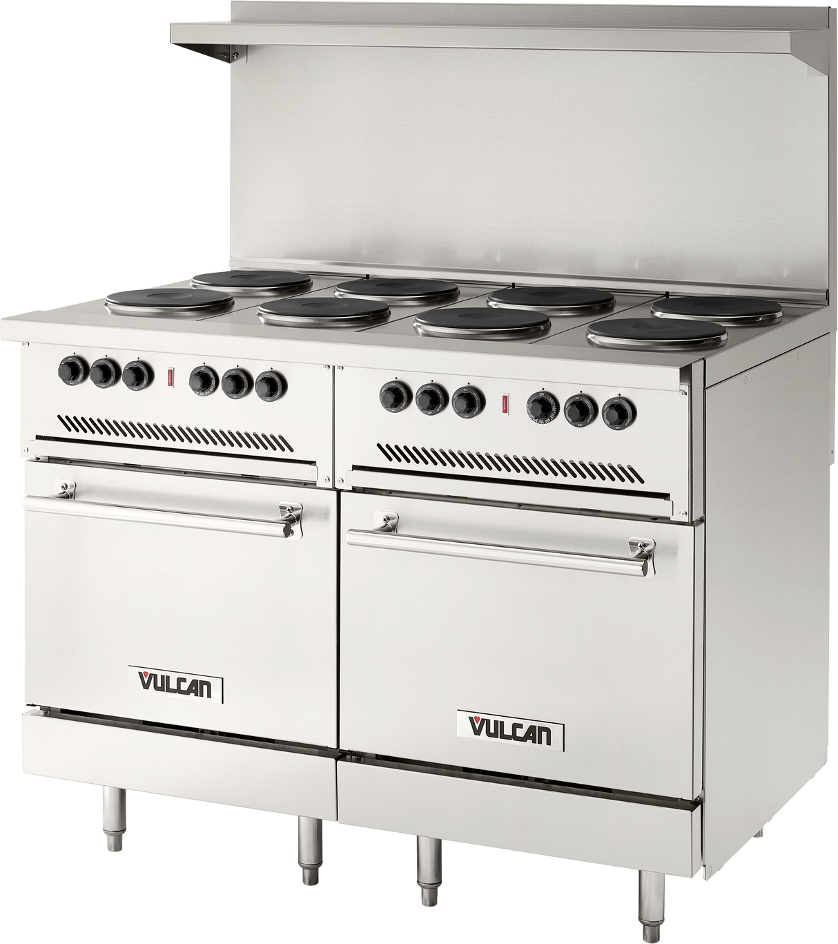 Vulcan EV48SS-8FP480 48 Inch Restaurant Range Electric 8 Hotplates 2.0 kW Ovens Stainless Steel and Round