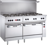 A commercial stainless steel electric restaurant range by Vulcan, featuring six French hotplates with control knobs, two oversized oven doors with handles below, a backsplash panel with an overhead shelf, and adjustable legs for stability.