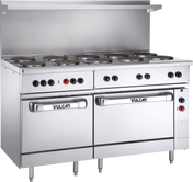A large commercial Restaurant Range with eight electric French hotplates, stainless steel oven doors labeled “Vulcan,” control knobs above, backsplash, and adjustable legs, all crafted in sleek stainless steel against a plain background.