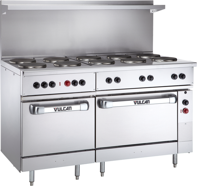 A large commercial Restaurant Range with eight electric French hotplates, stainless steel oven doors labeled “Vulcan,” control knobs above, backsplash, and adjustable legs, all crafted in sleek stainless steel against a plain background.