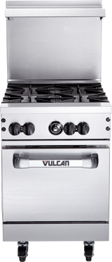 A commercial stainless steel restaurant range featuring four gas burners with black control knobs, an oven below with a Vulcan logo on the door, and sturdy legs with wheels for easy mobility.