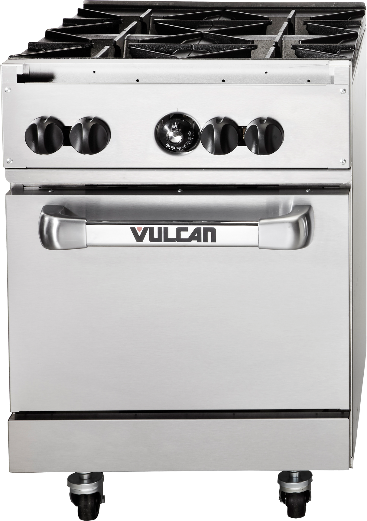 A stainless steel Vulcan 24S-4B restaurant range with four black gas burner knobs, a central temperature dial, four burners on top, a large oven with a horizontal handle, and wheels at the bottom for mobility.