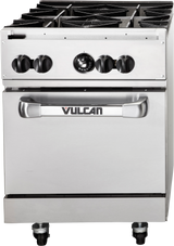 A stainless steel Vulcan 24S-4B restaurant range with four black gas burner knobs, a central temperature dial, four burners on top, a large oven with a horizontal handle, and wheels at the bottom for mobility.