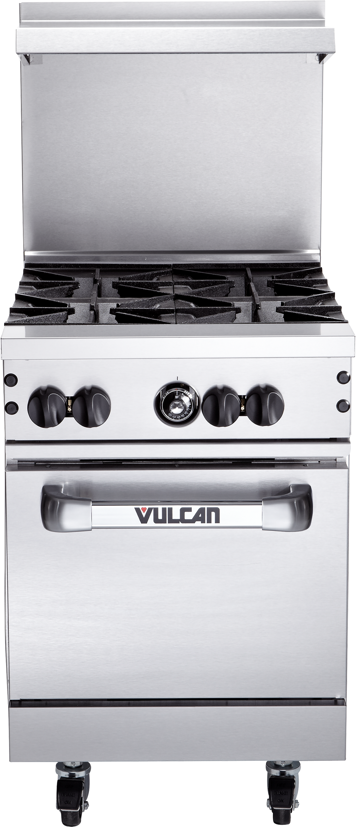 A stainless steel Vulcan 24S-4B restaurant range on wheels featuring four black gas burners, control knobs, a temperature gauge, an oven door with handle, backsplash, and the Vulcan brand displayed on the front.