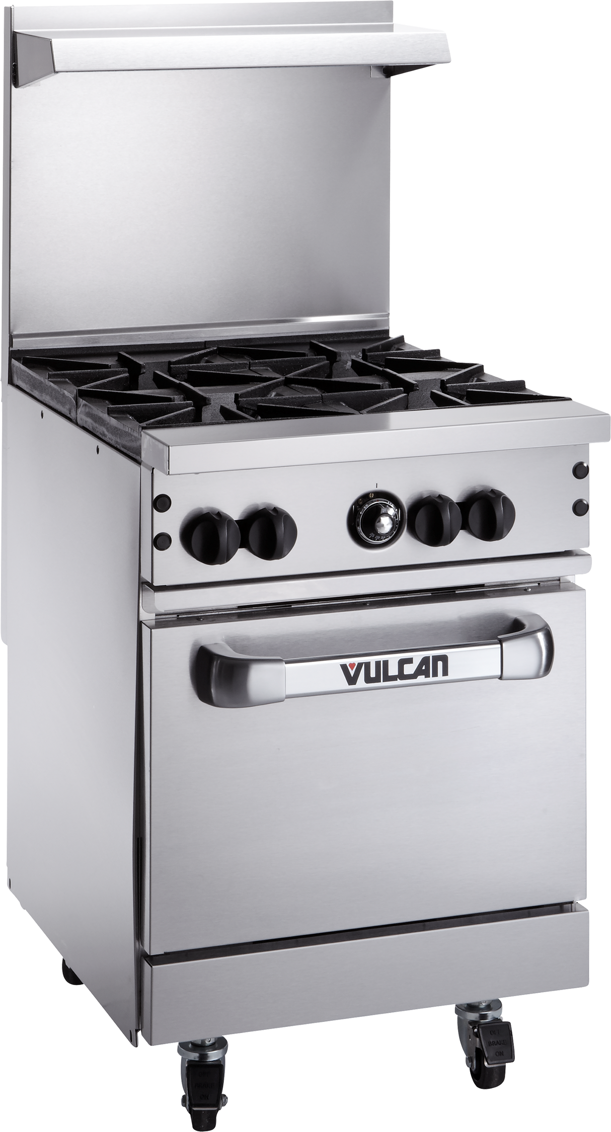 A commercial restaurant range with four stainless steel gas burners on top, front control knobs, an oven below, and a backsplash with a small shelf. The unit sits on wheels for mobility and displays the Vulcan brand logo on the oven door.