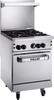 The Vulcan 24S-4B restaurant range features four black gas burners, three control knobs, an oven below, backsplash, and wheels for mobility. Stainless steel construction and Vulcan branding complete this professional appliance.