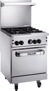 A Vulcan 24S-4B commercial stainless steel restaurant range featuring four gas burners with black grates, control knobs, an oven door with a handle, caster wheels for mobility, and a raised back guard. Durable and industrial in design.