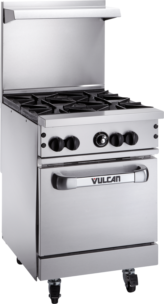 A Vulcan 24S-4B commercial stainless steel restaurant range featuring four gas burners with black grates, control knobs, an oven door with a handle, caster wheels for mobility, and a raised back guard. Durable and industrial in design.