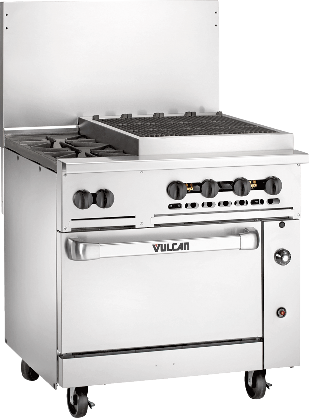 A commercial stainless steel Vulcan restaurant range with four gas burners, a large griddle on top, control knobs, convection oven below, and rolling casters. The unit features a backsplash and an oven door handle.