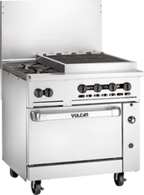 A commercial stainless steel Vulcan restaurant range with four gas burners, a large griddle on top, control knobs, convection oven below, and rolling casters. The unit features a backsplash and an oven door handle.