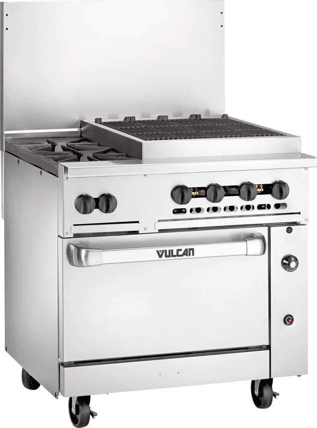 A commercial stainless steel Vulcan restaurant range with four gas burners, a large griddle on top, control knobs, convection oven below, and rolling casters. The unit features a backsplash and an oven door handle.