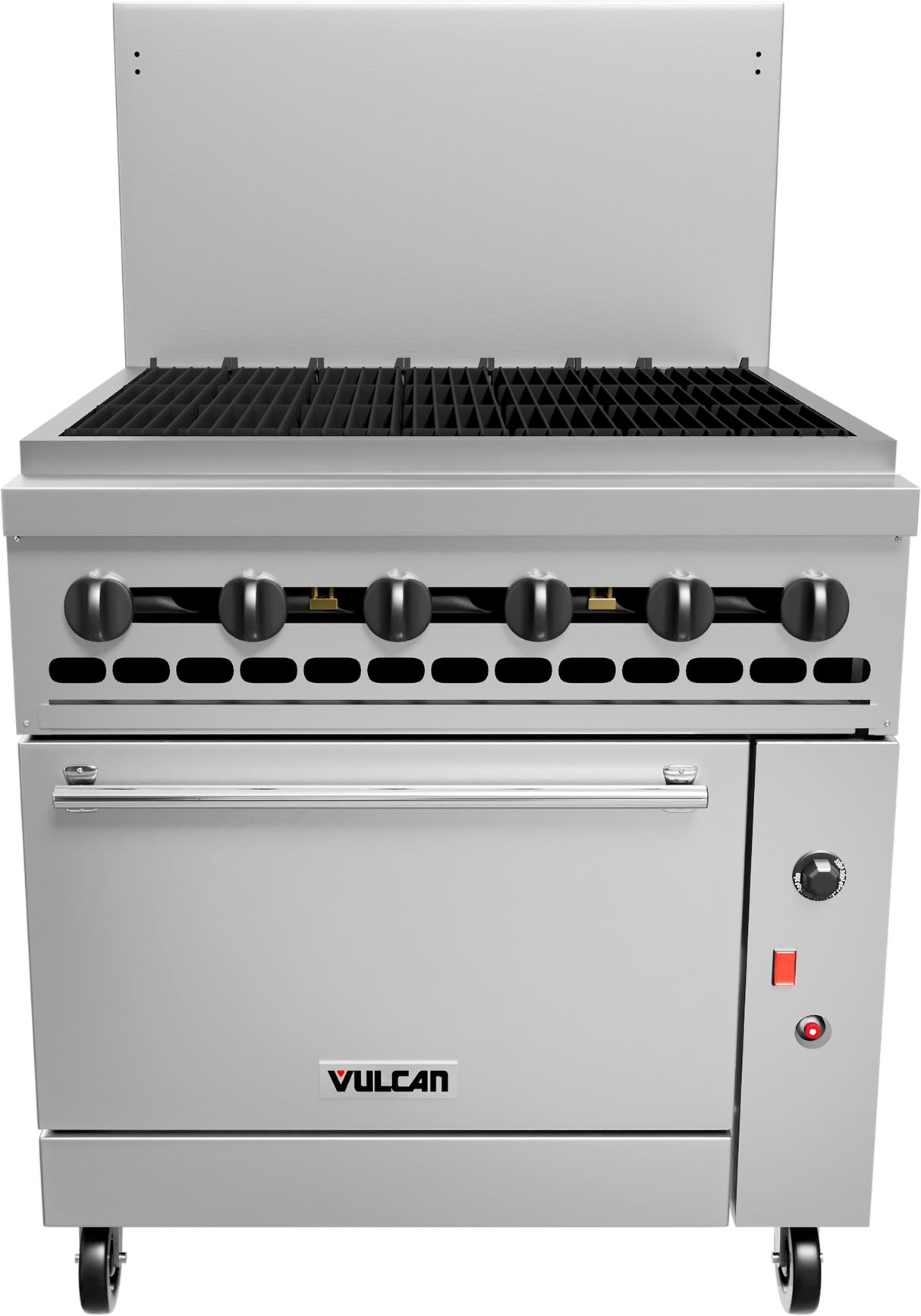 A commercial stainless steel Vulcan restaurant range with six black control knobs, a black grill top, an oven below, caster wheels, and a red power switch. The surface has a backsplash and the Vulcan logo is visible on the front panel.