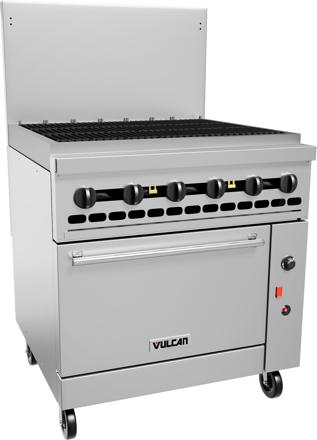A large, stainless steel commercial restaurant range with six control knobs, grill top, charbroiler, oven below, and wheels for mobility. The unit features a backsplash and front panel with the Vulcan logo and indicator lights.