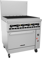 A large, stainless steel commercial restaurant range with six control knobs, grill top, charbroiler, oven below, and wheels for mobility. The unit features a backsplash and front panel with the Vulcan logo and indicator lights.