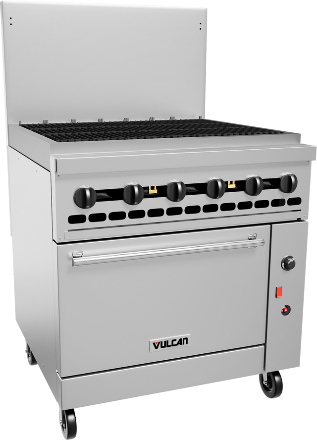 A large, stainless steel commercial restaurant range with six control knobs, grill top, charbroiler, oven below, and wheels for mobility. The unit features a backsplash and front panel with the Vulcan logo and indicator lights.