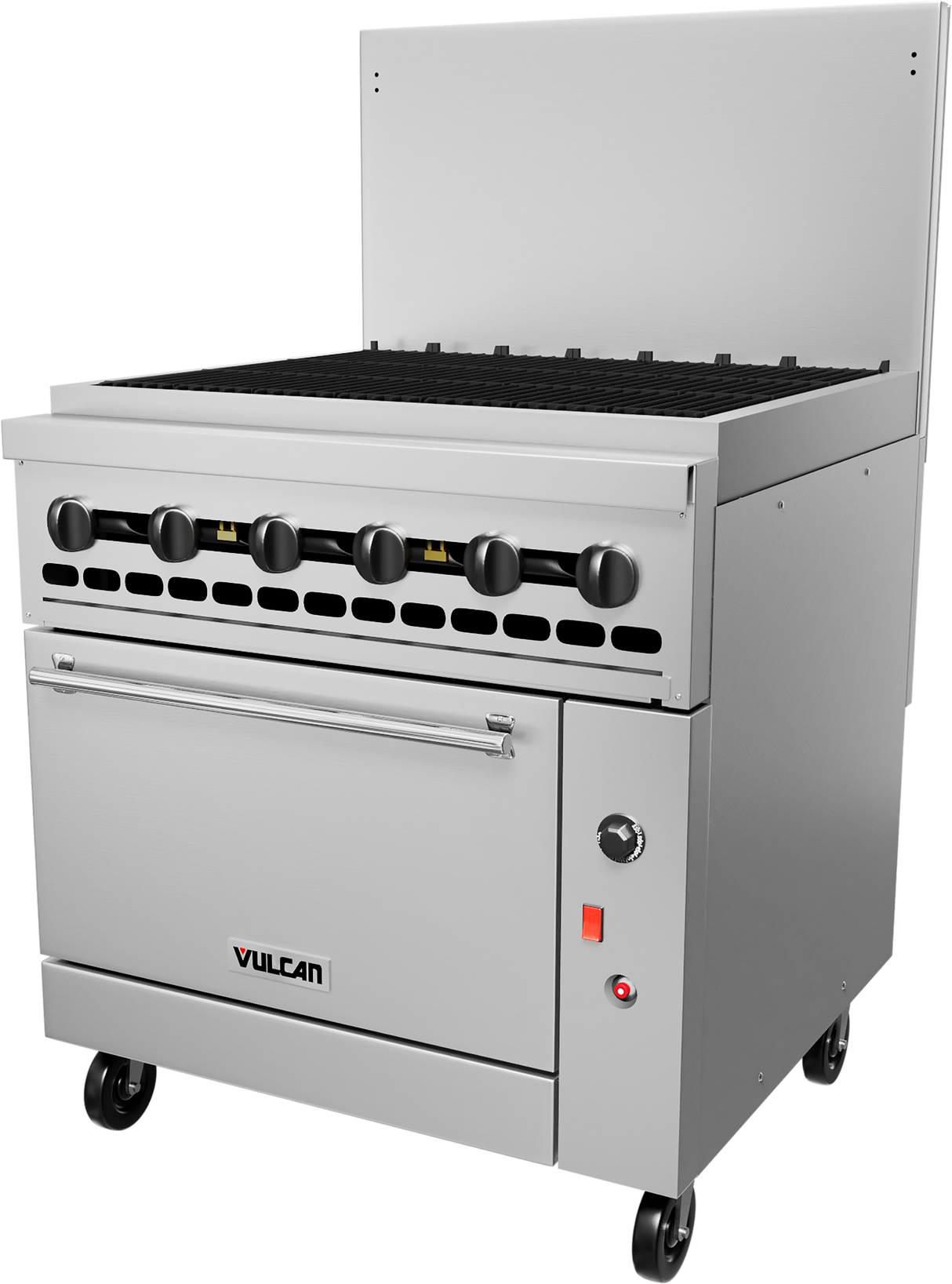 A commercial stainless steel restaurant range with six black control knobs, oven door labeled Vulcan, black burner grates on top, backsplash, small indicator lights, and casters for mobility. The clean range is photographed against a white background.
