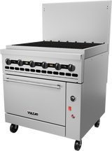 A commercial stainless steel restaurant range with six black control knobs, oven door labeled Vulcan, black burner grates on top, backsplash, small indicator lights, and casters for mobility. The clean range is photographed against a white background.