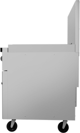 Side view of a metallic, rectangular cart or kiosk reminiscent of a restaurant range, with a smooth, flat surface and panel. It has four small black wheels for mobility and a vertical raised section at the back. The background is plain white.