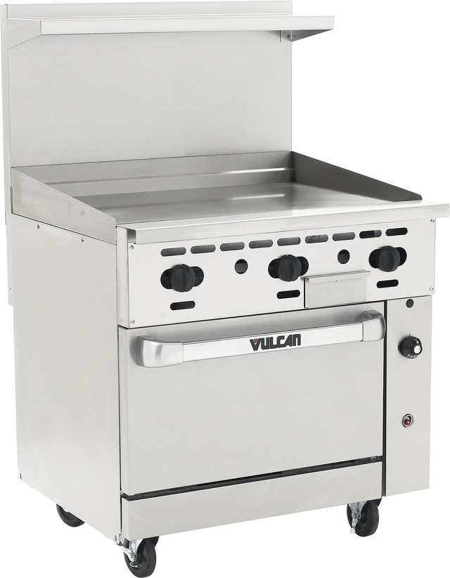 A commercial stainless steel restaurant range features four control knobs, a flat griddle top, and a spacious convection oven below with a Vulcan handle. It’s mounted on wheels with a raised backsplash and an upper shelf at the back.