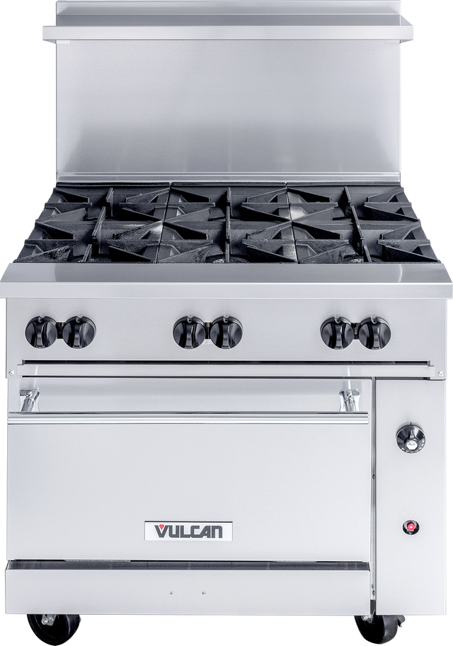 A 36 inch stainless steel restaurant range with six black burners, control knobs, convection oven below, and a backsplash. The brand “Vulcan” is visible on the front panel. The appliance is on wheels and has a side-mounted oven ignition knob.