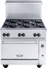A commercial stainless steel restaurant range with six black burner grates, four control knobs, an oven door below, a lower storage drawer, and a backsplash. The Vulcan brand logo is visible on the front. The stove is on wheels with a silver finish throughout.
