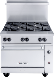A stainless steel Vulcan restaurant range features 6 burners with black grates, four control knobs, an oven door below with a handle, and a shelf above. The Vulcan logo is visible on the front panel near the bottom.
