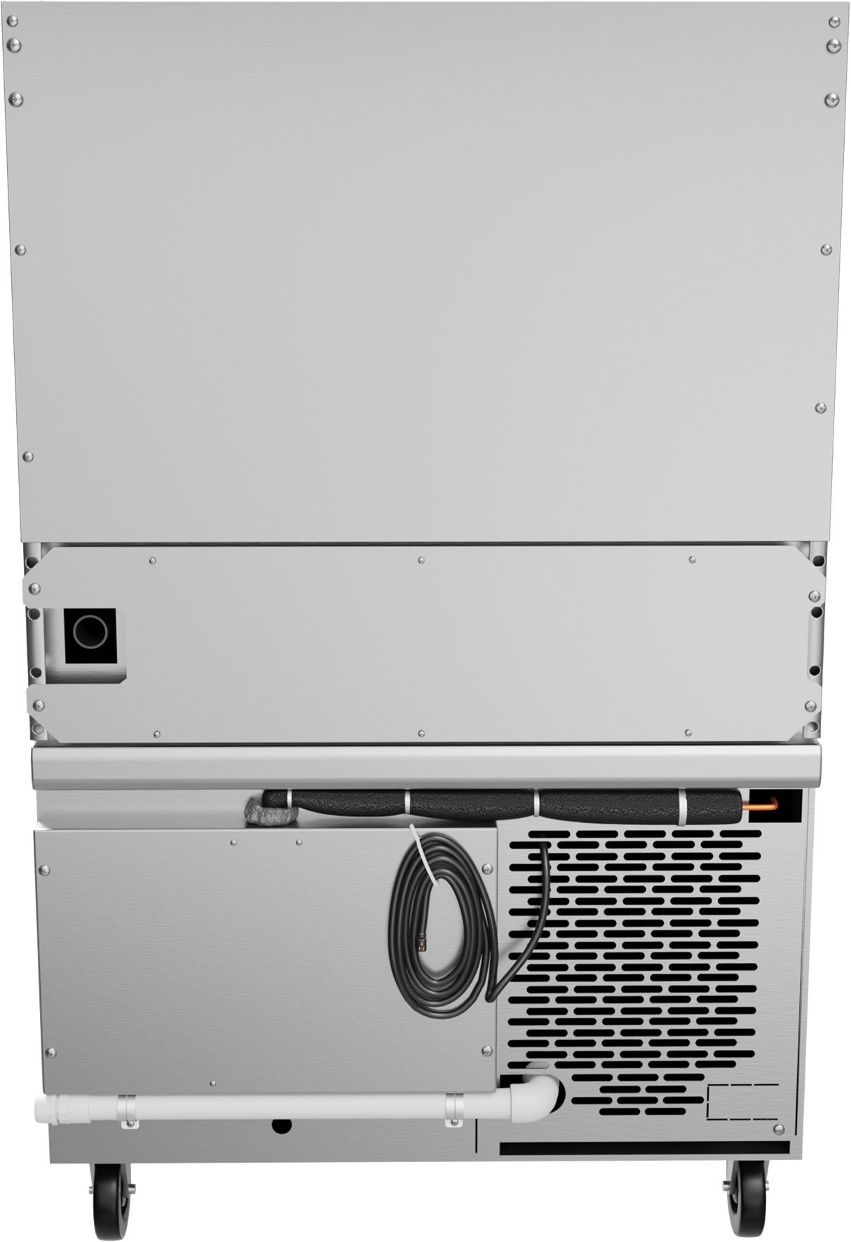 The image shows the back of a large, silver, wheeled appliance—likely a commercial freezer or refrigerator with a refrigerated base. Visible are ventilation grilles, a coiled power cord, drain hose, and panel with screws. The appliance stands on two black wheels.