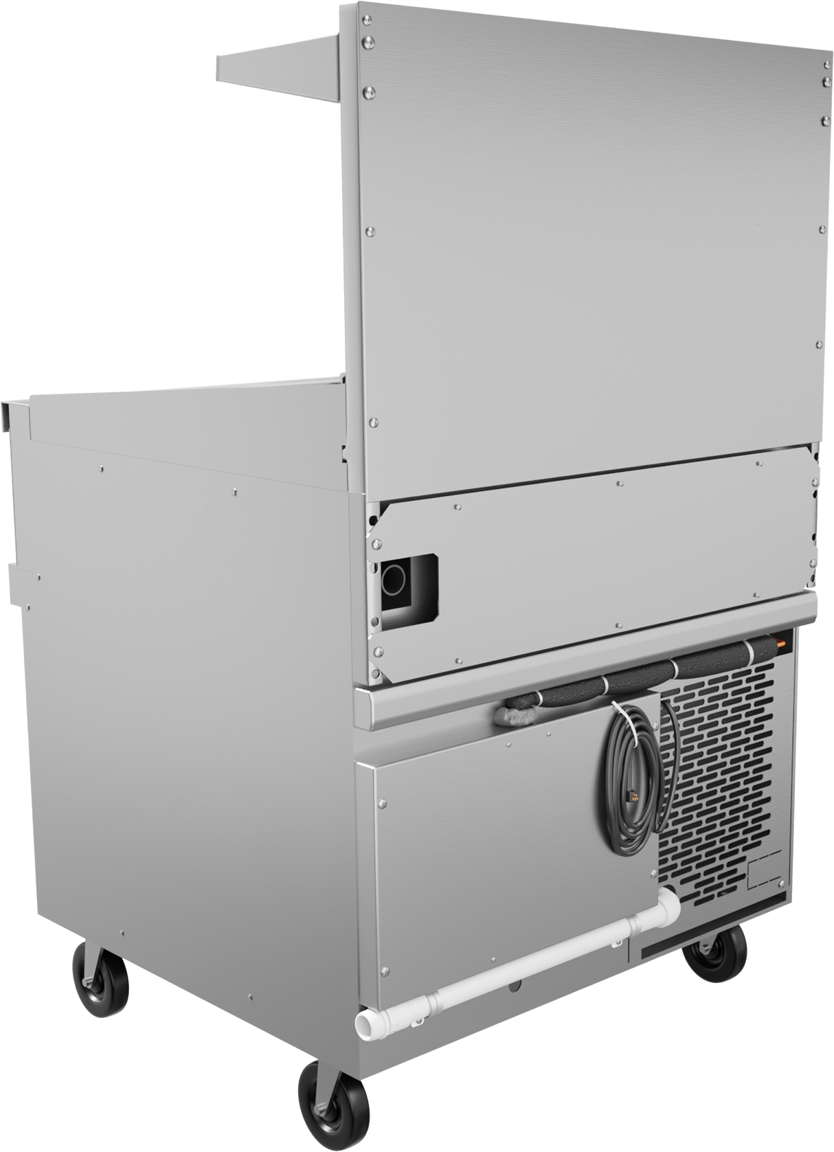 A stainless steel commercial kitchen appliance on wheels, with a vented panel, coiled power cord, pipe, and raised shelf. This restaurant range features a smooth metallic surface and durable design for mobility and heavy-duty use.