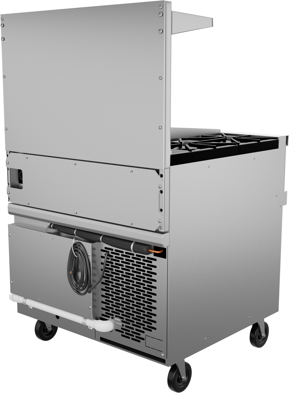 A commercial stainless steel kitchen appliance on wheels, featuring a vented cooling unit with a refrigerated base, an electrical cord, double-burner stovetop, rear shelf, and exposed piping, viewed from the back right corner against a white background.