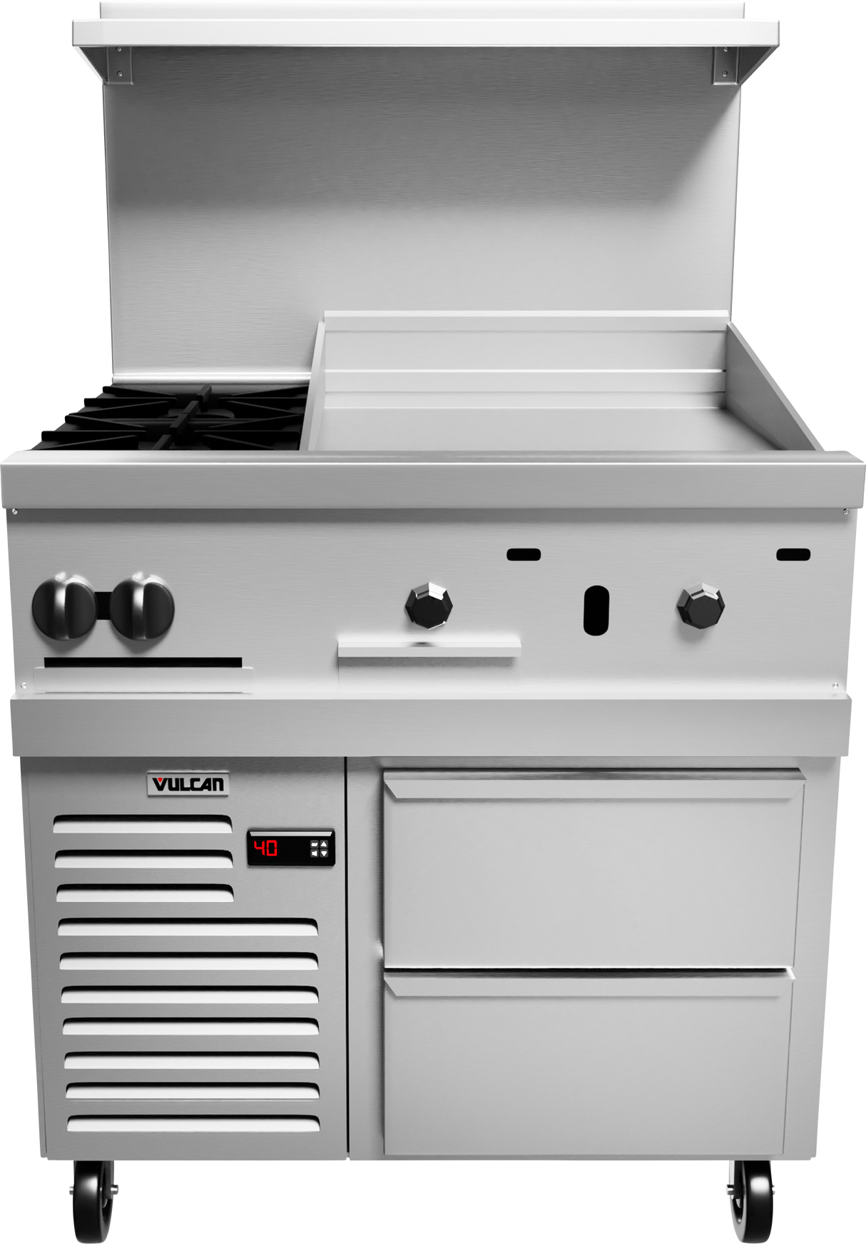 A commercial stainless steel restaurant range featuring two stove burners, a spacious 24" griddle, control knobs, a digital temperature display reading “40,” storage compartments below, and a raised back shelf. The unit is on wheels and labeled “Vulcan.”.