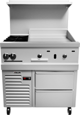 A commercial stainless steel restaurant range featuring two stove burners, a spacious 24" griddle, control knobs, a digital temperature display reading “40,” storage compartments below, and a raised back shelf. The unit is on wheels and labeled “Vulcan.”.