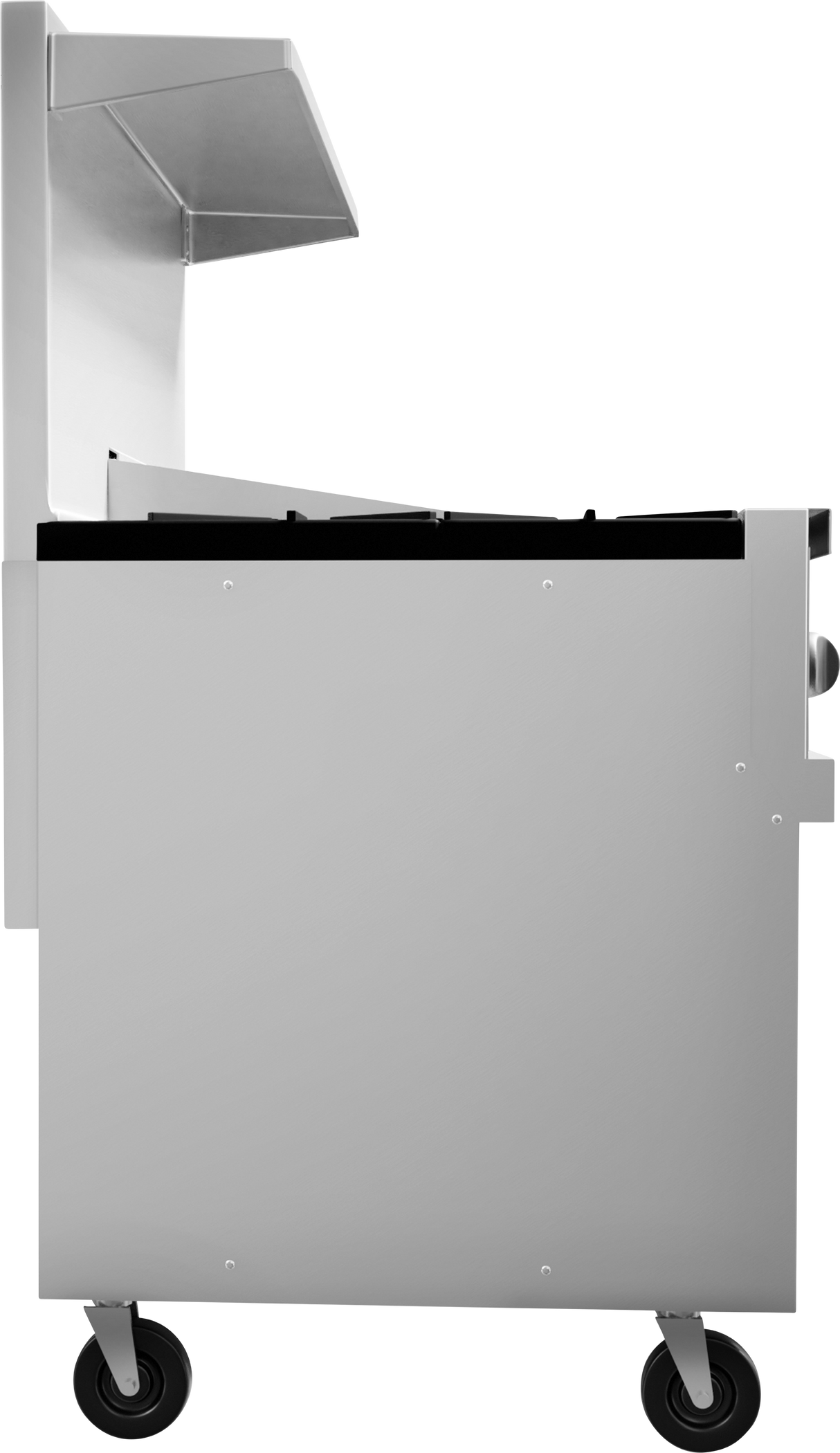 Side view of a sleek, stainless steel 24" griddle on wheels with a vented hood and two control knobs. This industrial appliance is ideal for restaurant or catering settings, blending the features of a professional restaurant range.