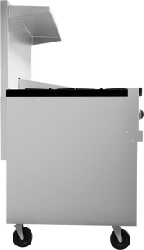Side view of a sleek, stainless steel 24" griddle on wheels with a vented hood and two control knobs. This industrial appliance is ideal for restaurant or catering settings, blending the features of a professional restaurant range.