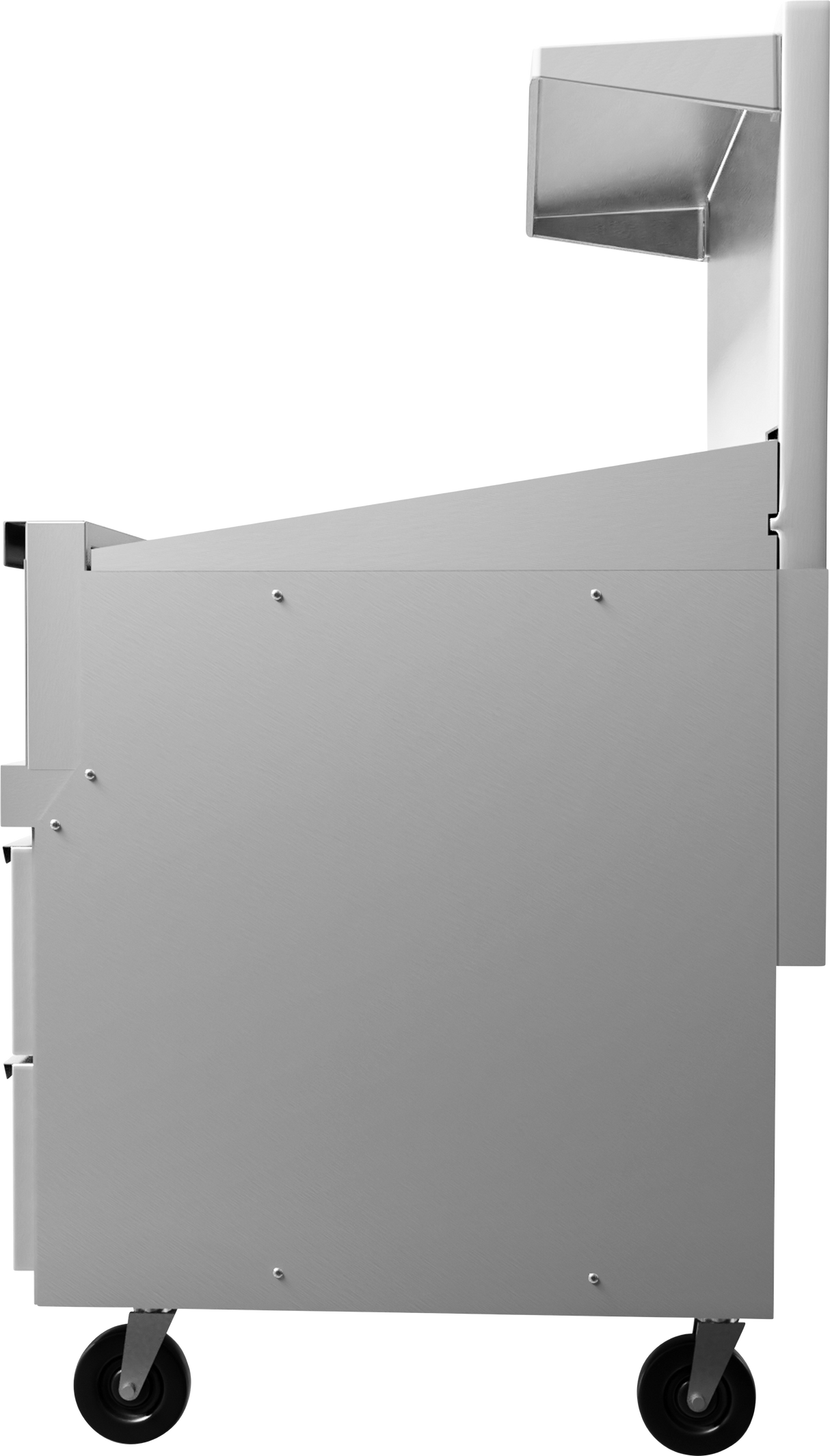 Side view of a modern, gray metal utility cart with four black wheels. Ideal for use alongside a restaurant range or gas griddle, the cart features a flat top, raised side compartment, and several panels secured by visible screws. Plain white background.