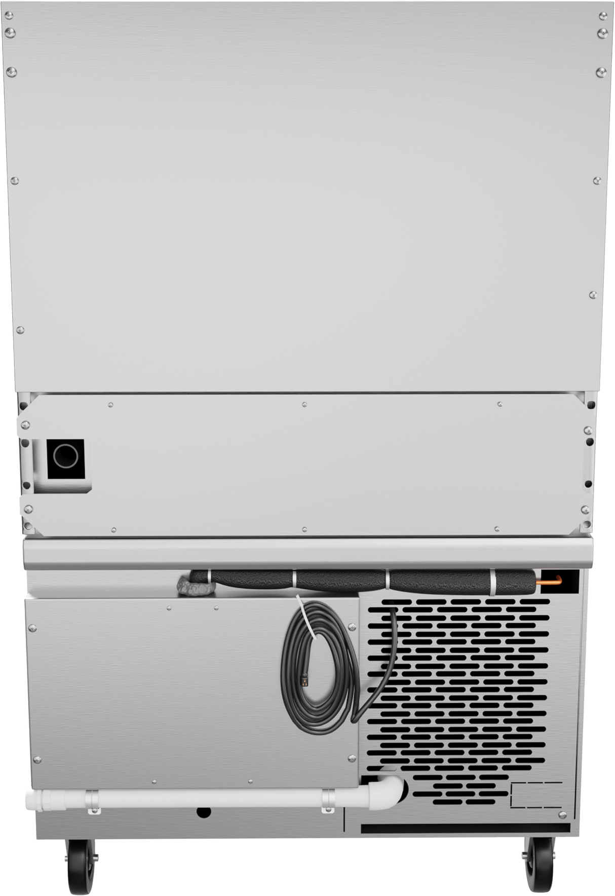The image shows the back of a large silver appliance with a vented panel, coiled power cord, drainage pipe, and black caster wheels—typical features of a refrigerated base often used beneath a restaurant range or charbroiler.