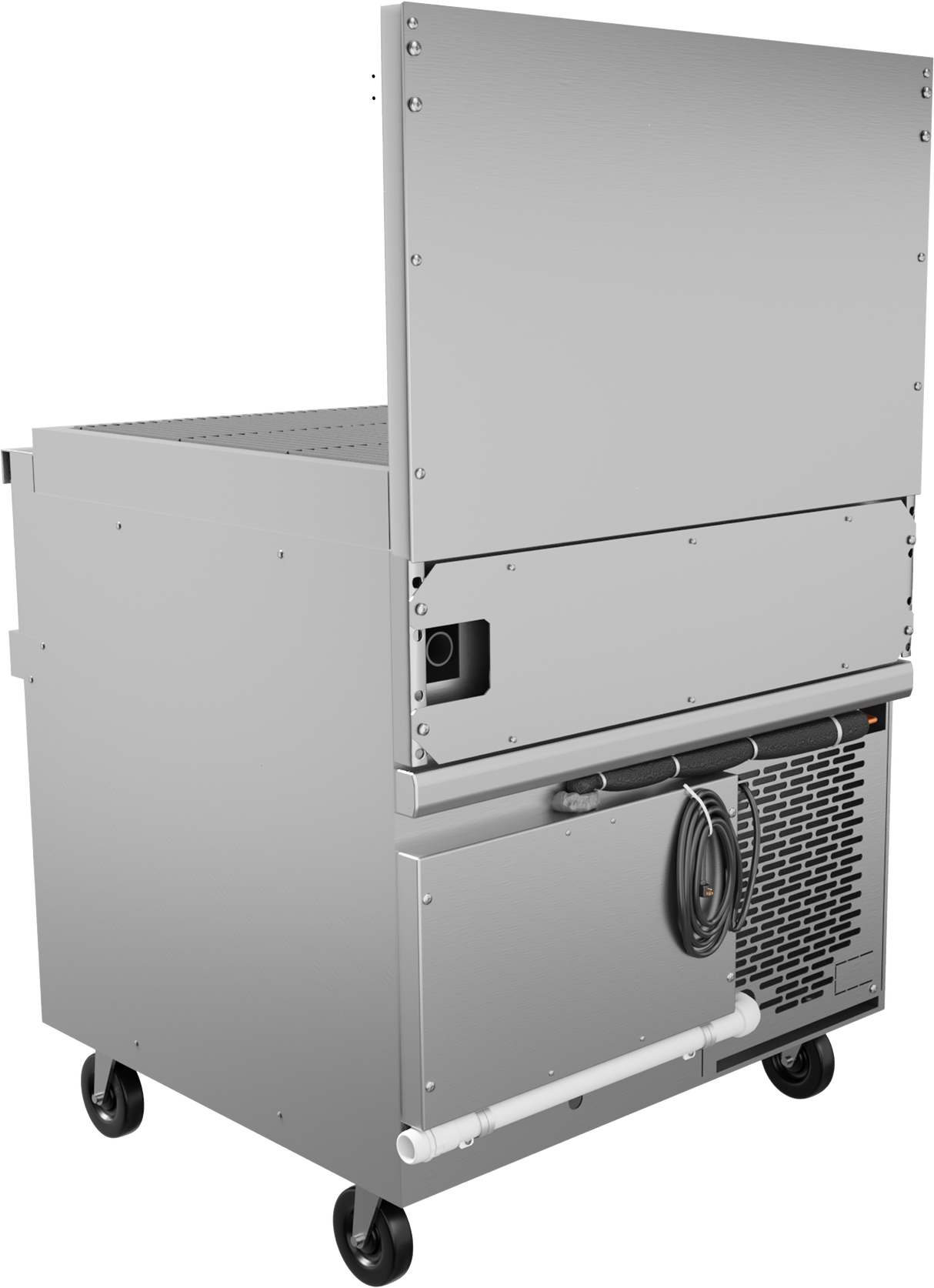 A stainless steel commercial kitchen appliance on wheels features a vented lower section, a coiled power cord, and a refrigerated base. The unit’s upper compartment has a partially open lid, clean, smooth surfaces, and visible screws.