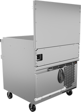 A stainless steel commercial kitchen appliance on wheels features a vented lower section, a coiled power cord, and a refrigerated base. The unit’s upper compartment has a partially open lid, clean, smooth surfaces, and visible screws.